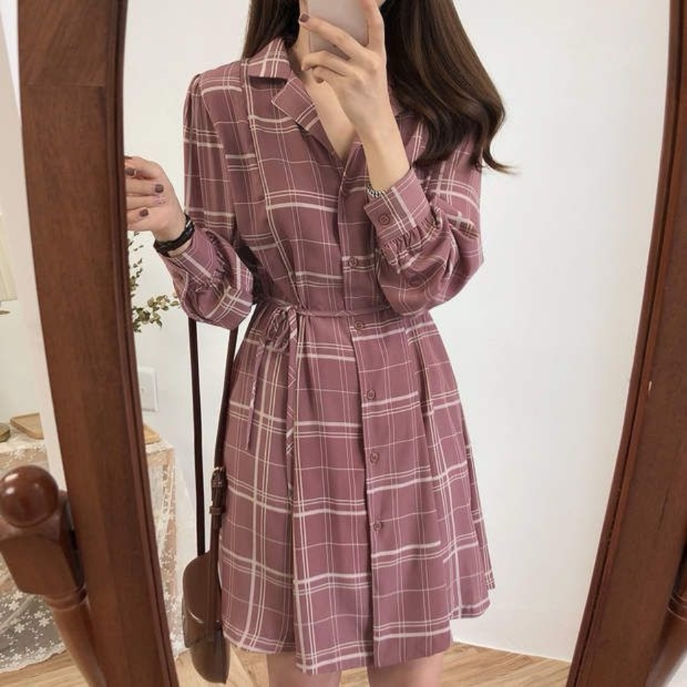 Long-Sleeve Plaid Mini A-Line Shirtdress